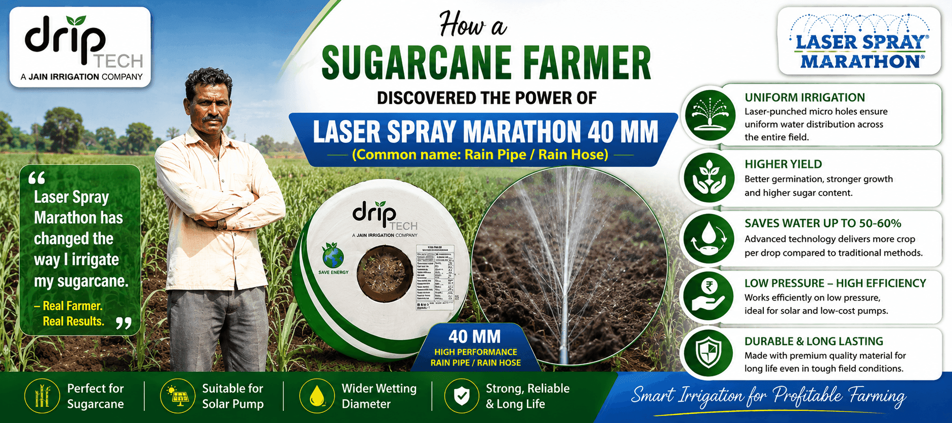 Farmer using Rain Pipe 40 mm Laser Spray Marathon in sugarcane field